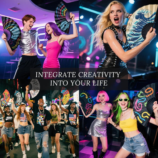 Event and performance collage showing people holding colorful customized folding fans