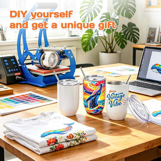 Blank and decorated sublimation wine tumblers displayed on a craft worktable