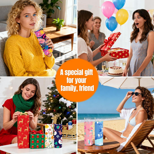 Lifestyle collage showing decorated skinny tumblers for everyday use and personalized gifts