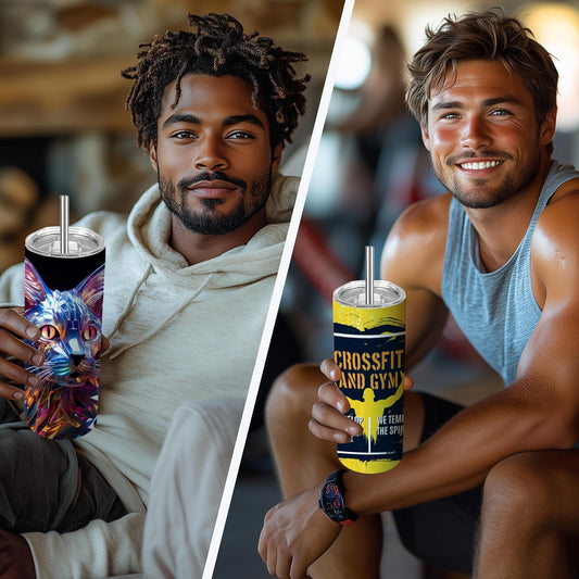Decorated skinny tumblers held in everyday and gym settings