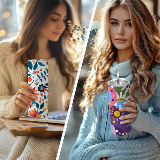 Lifestyle scenes showing decorated skinny tumblers used at a desk and held with a lid and straw