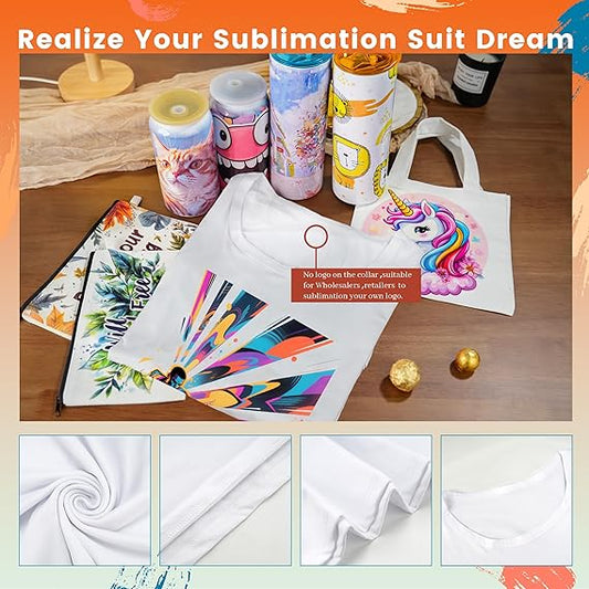 Printed white T-shirt displayed with coordinated decorated drinkware and bags