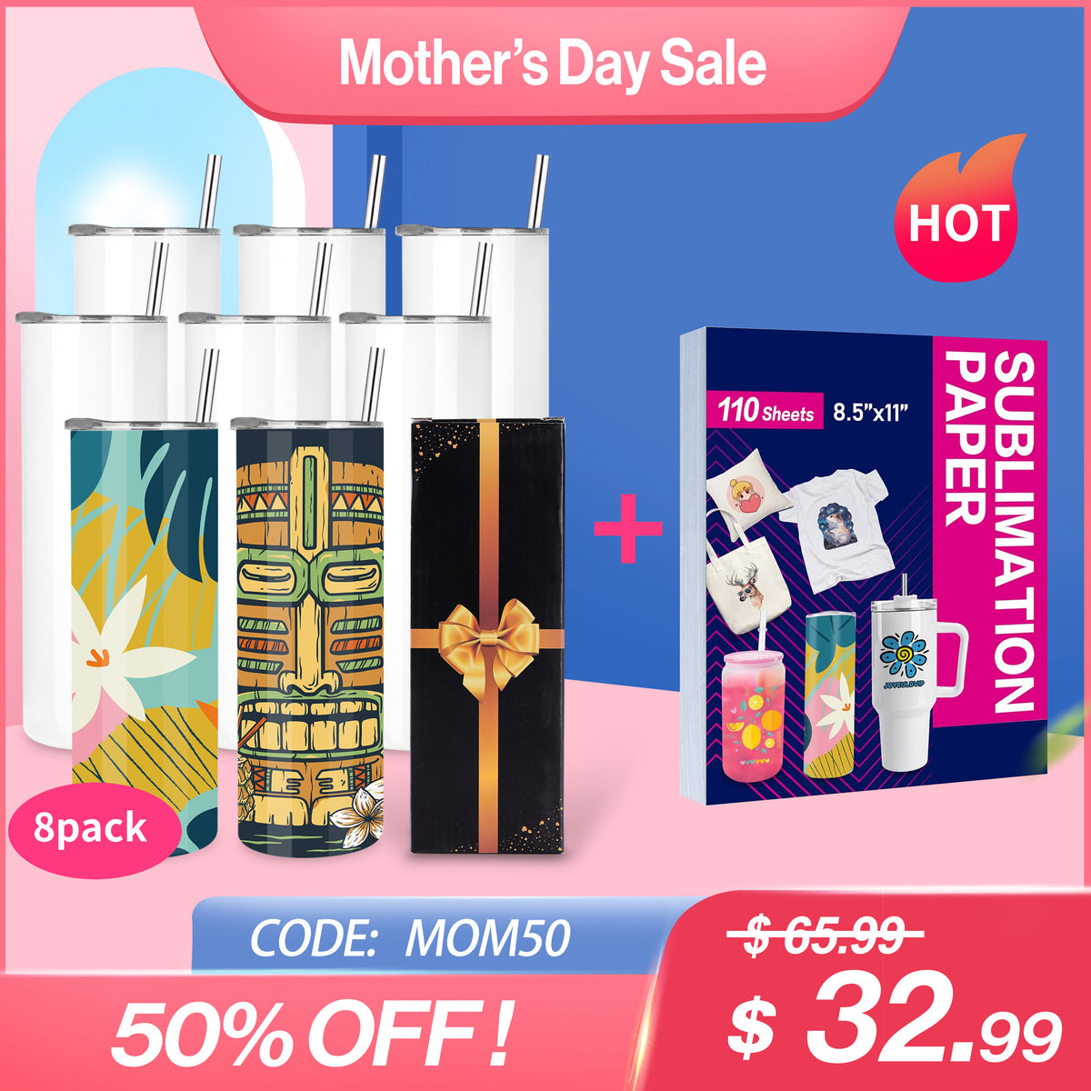 8 pack 20oz Sublimation Tumblers+ Sublimation Paper 110 Sheets (Code:MOM50)
