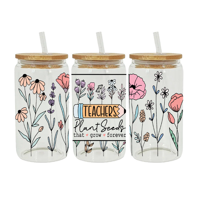UV DTF Cup Wraps – 7 Sheets for 16oz Glass Cups, Decals & Craft Supplies (Flower A)