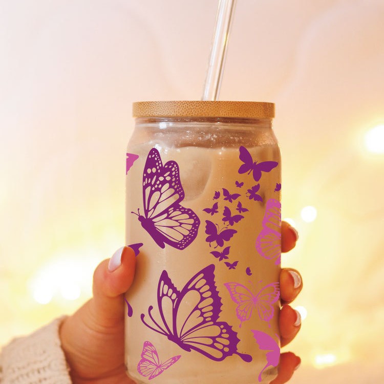 UV DTF Cup Wraps – 8 Sheets for 16oz Glass Cups, Decals & Craft Supplies (Butterfly A)