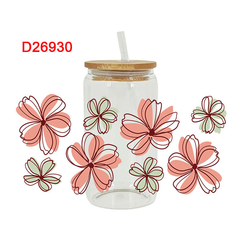 UV DTF Cup Wraps – 8 Sheets for 16oz Glass Cups, Decals & Craft Supplies (Flower D)