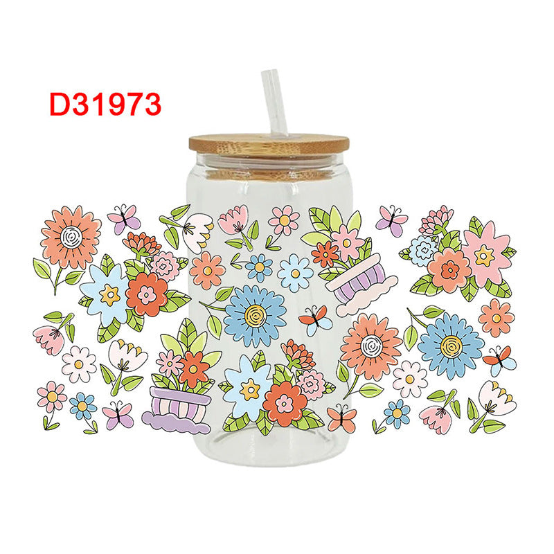 UV DTF Cup Wraps – 8 Sheets for 16oz Glass Cups, Decals & Craft Supplies (Flower C)