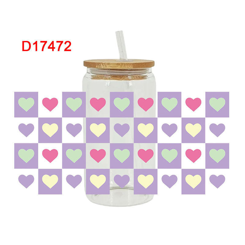 UV DTF Cup Wraps – 6 Sheets for 16oz Glass Cups, Decals & Craft Supplies (Heart)