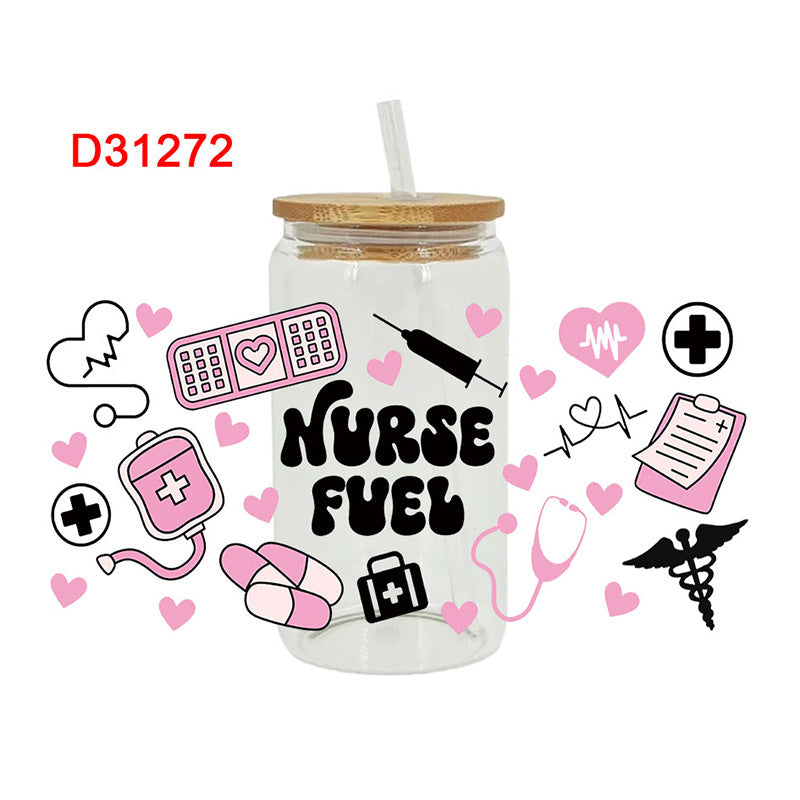 UV DTF Cup Wraps – 8 Sheets for 16oz Glass Cups, Decals & Craft Supplies (Nurse)