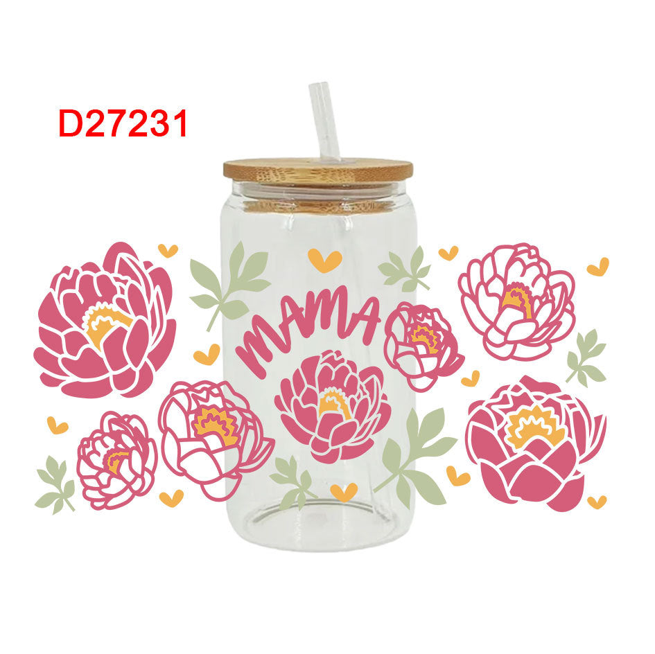 UV DTF Cup Wraps – 8 Sheets for 16oz Glass Cups, Decals & Craft Supplies (Flower D)