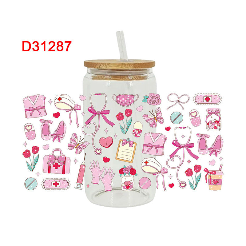 UV DTF Cup Wraps – 8 Sheets for 16oz Glass Cups, Decals & Craft Supplies (Nurse)