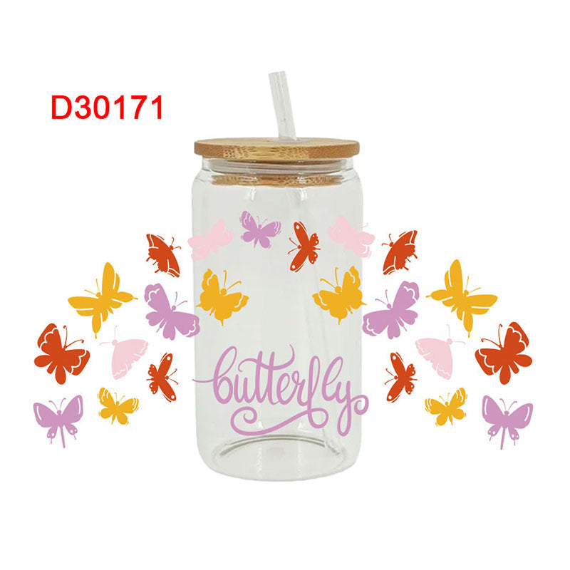 UV DTF Cup Wraps – 8 Sheets for 16oz Glass Cups, Decals & Craft Supplies (Butterfly B)