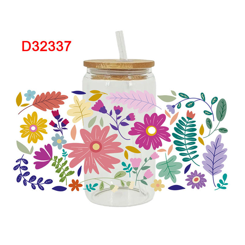 UV DTF Cup Wraps – 8 Sheets for 16oz Glass Cups, Decals & Craft Supplies (Flower C)