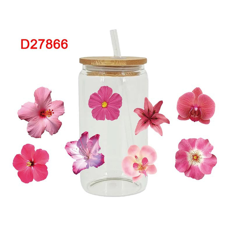 UV DTF Cup Wraps – 8 Sheets for 16oz Glass Cups, Decals & Craft Supplies (Flower D)