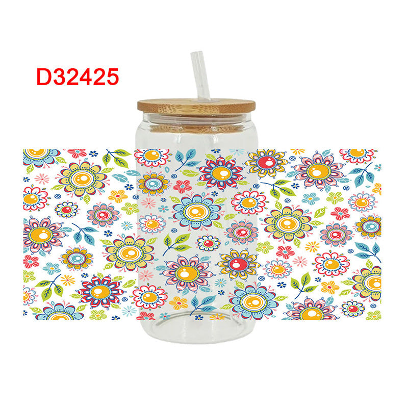 UV DTF Cup Wraps – 8 Sheets for 16oz Glass Cups, Decals & Craft Supplies (Flower C)