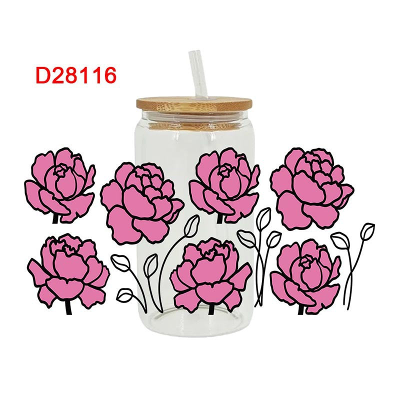 UV DTF Cup Wraps – 8 Sheets for 16oz Glass Cups, Decals & Craft Supplies (Flower D)