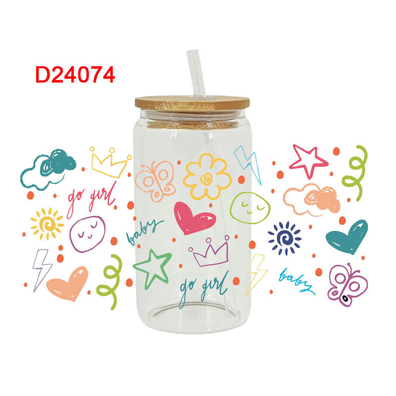 UV DTF Cup Wraps – 6 Sheets for 16oz Glass Cups, Decals & Craft Supplies (Heart)