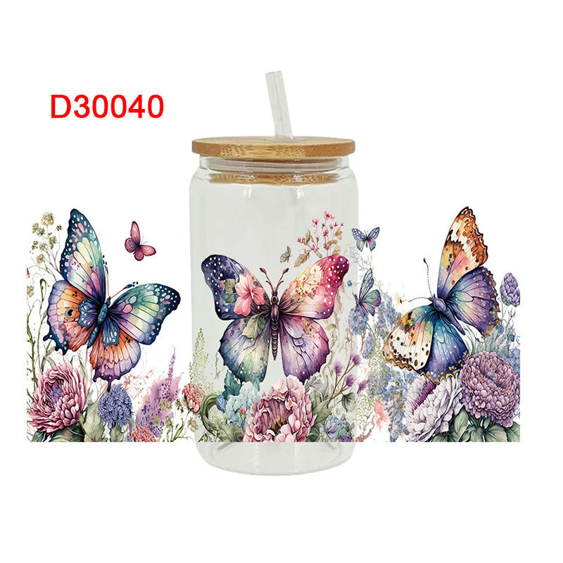 UV DTF Cup Wraps – 8 Sheets for 16oz Glass Cups, Decals & Craft Supplies (Butterfly A)