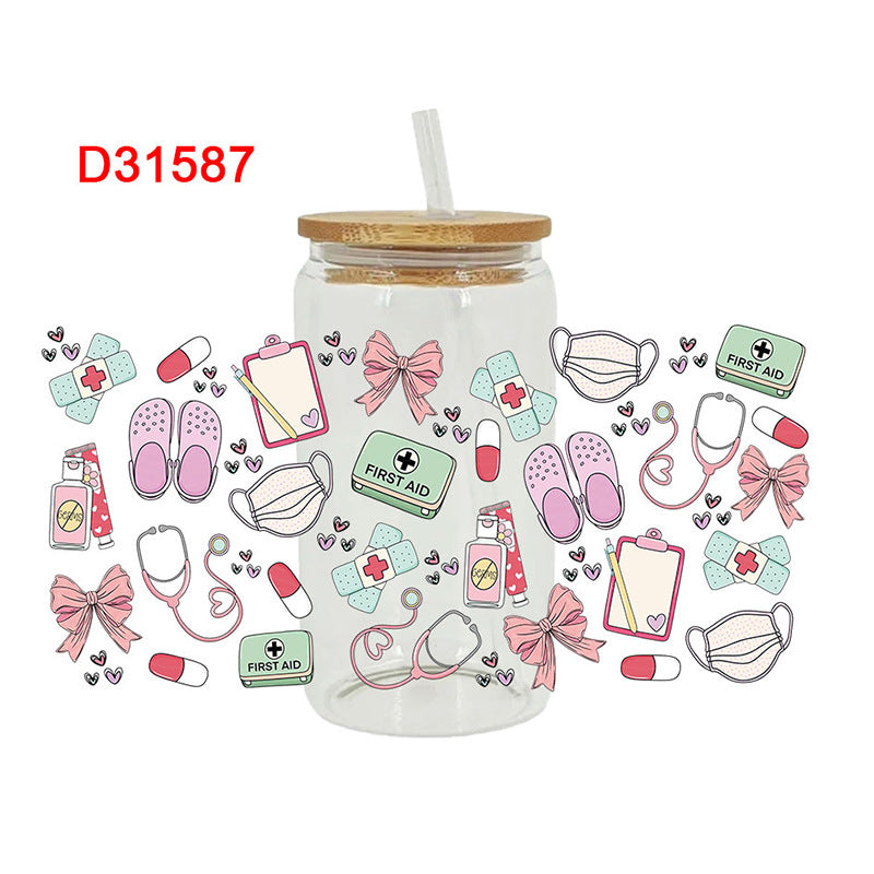 UV DTF Cup Wraps – 8 Sheets for 16oz Glass Cups, Decals & Craft Supplies (Nurse)