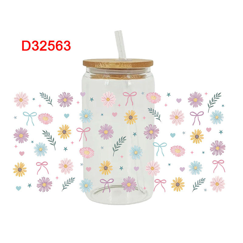 UV DTF Cup Wraps – 8 Sheets for 16oz Glass Cups, Decals & Craft Supplies (Flower C)