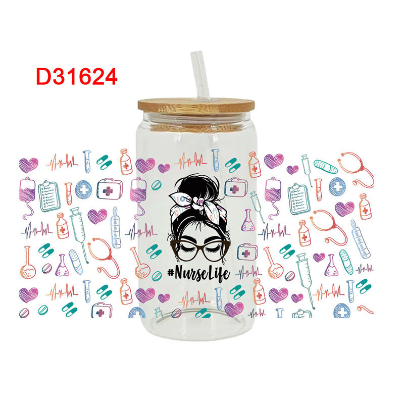 UV DTF Cup Wraps – 8 Sheets for 16oz Glass Cups, Decals & Craft Supplies (Nurse)