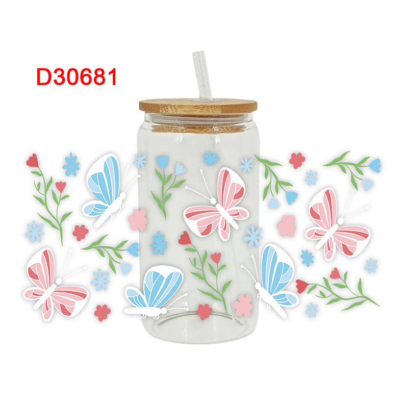UV DTF Cup Wraps – 8 Sheets for 16oz Glass Cups, Decals & Craft Supplies (Butterfly B)