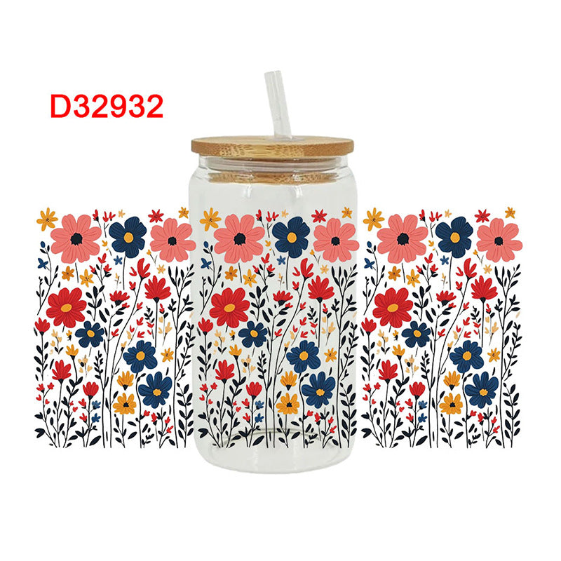 UV DTF Cup Wraps – 8 Sheets for 16oz Glass Cups, Decals & Craft Supplies (Flower C)