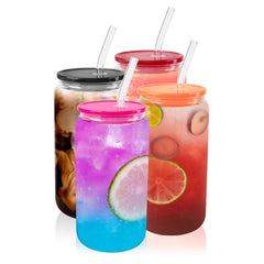 16 OZ Glass Cups with Acrylic Lids and Straws ( Multi Dark Lids )