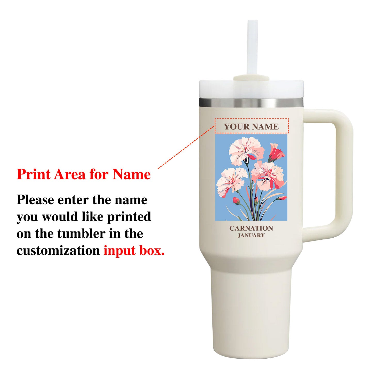40oz Tumbler with Birth Flower and Custom Name(Cream)
