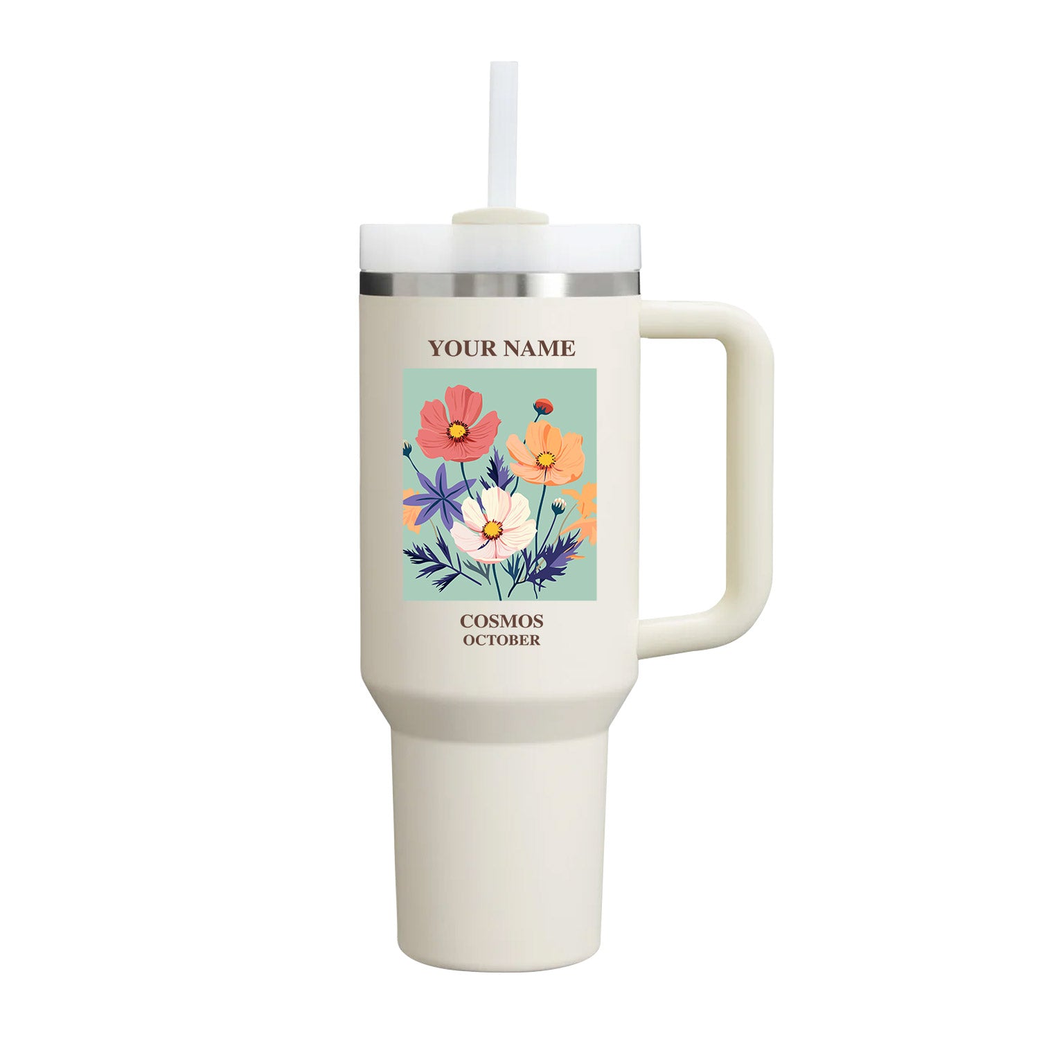 40oz Tumbler with Birth Flower and Custom Name(Cream)