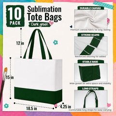 10 Pack Large Canvas Tote Bags Bulk for Daily Use Group Team - Green