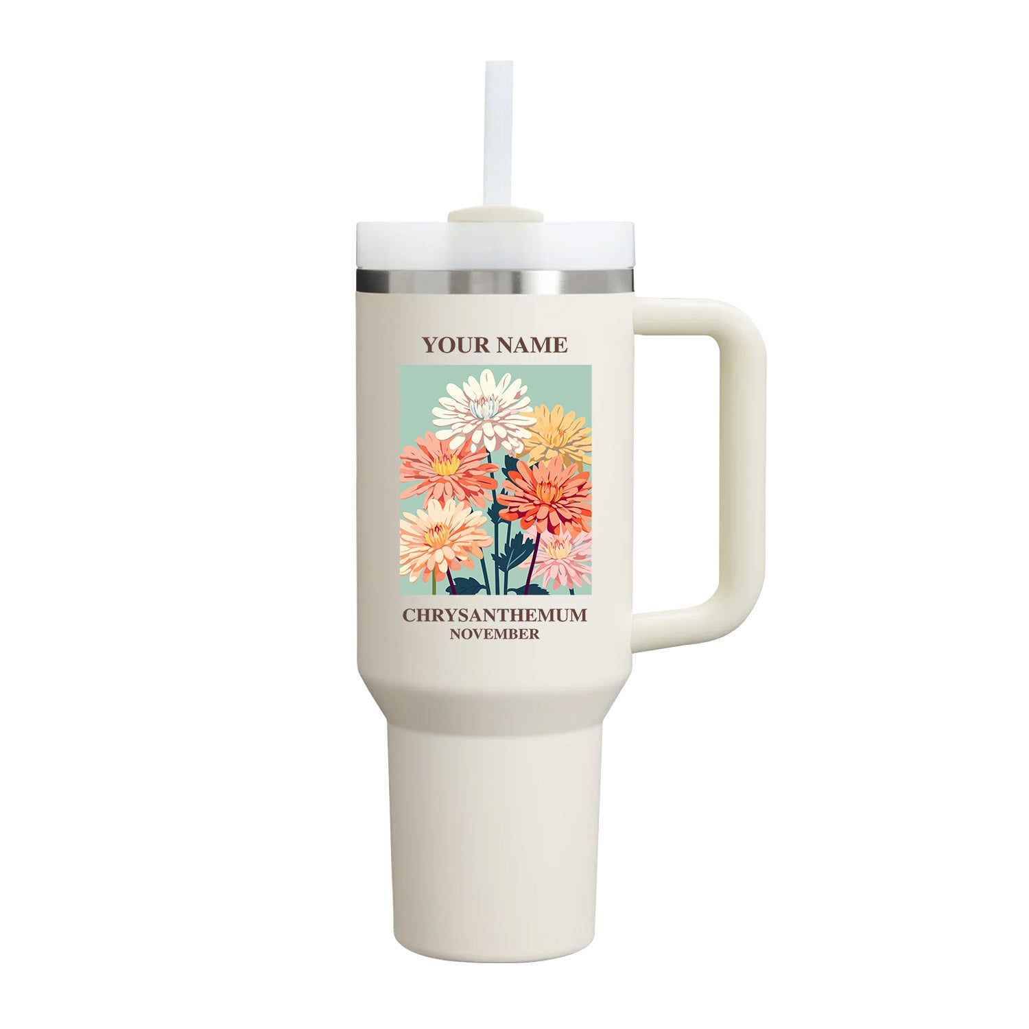 40oz Tumbler with Birth Flower and Custom Name(Cream)