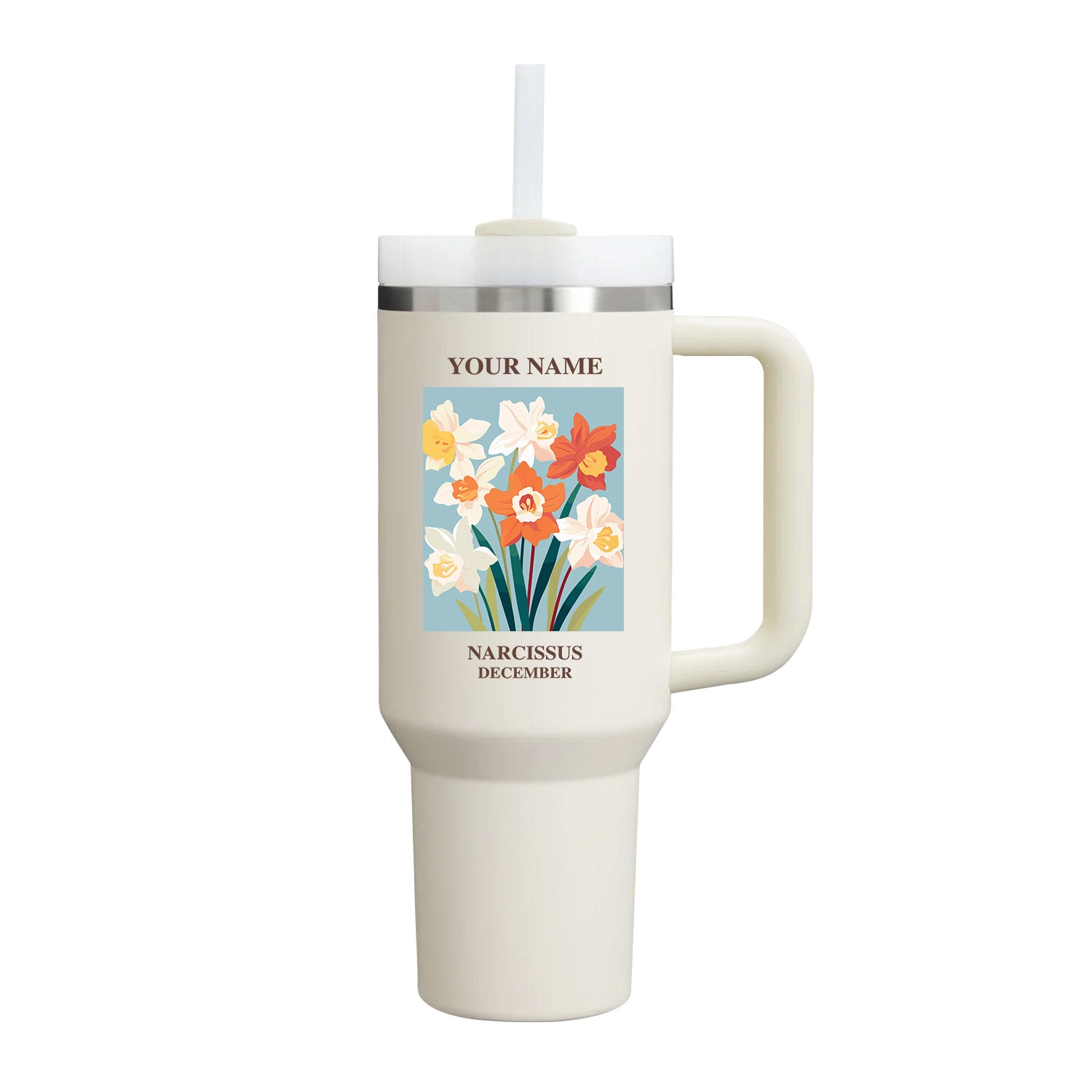 40oz Tumbler with Birth Flower and Custom Name(Cream)