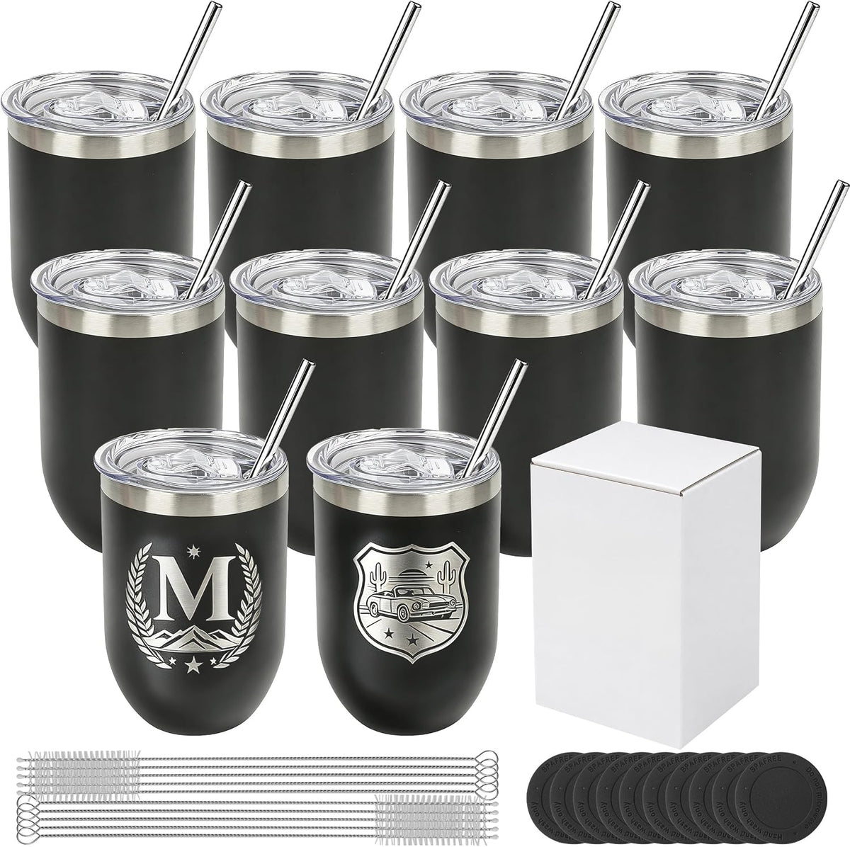 12 oz Black Wine Tumblers Bulk for Laser Engraving 10 Pack