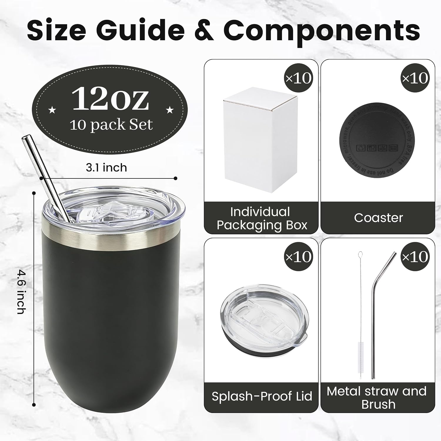 12 oz Black Wine Tumblers Bulk for Laser Engraving 10 Pack