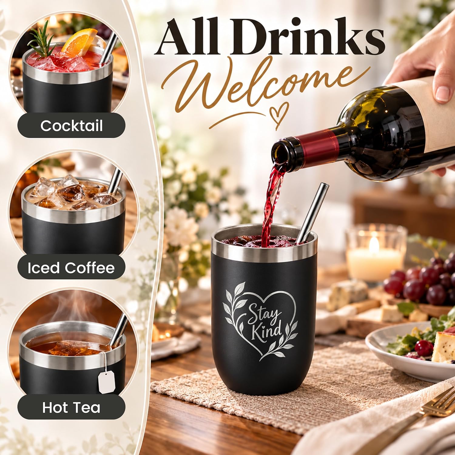 12 oz Black Wine Tumblers Bulk for Laser Engraving 10 Pack