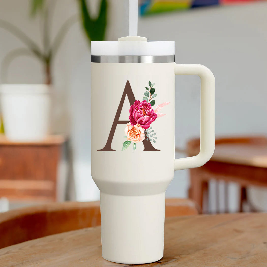Custom Name Flowers Initial Tumbler With Handle 40 oz (Cream) - Custom Creations