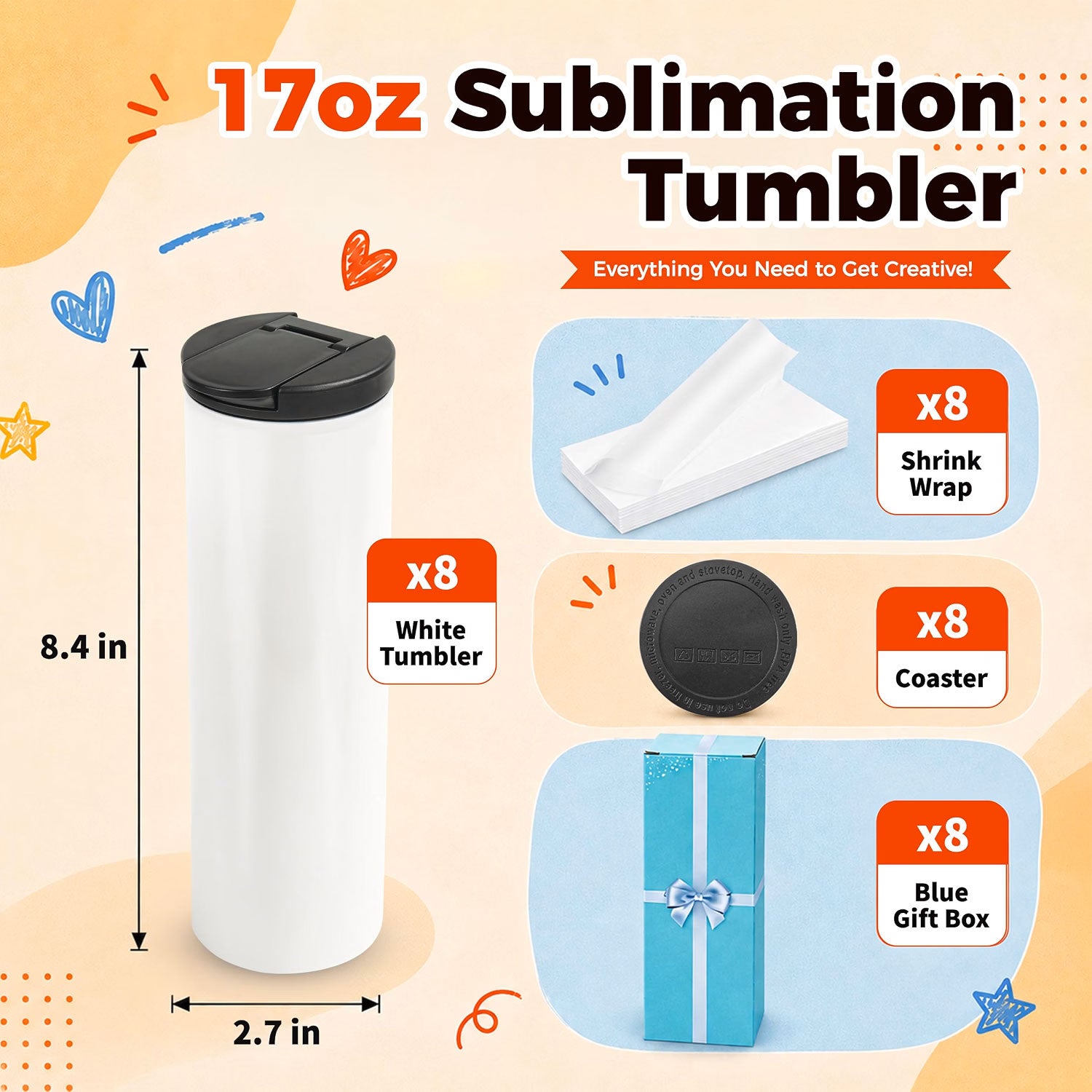 17 oz Sublimation Tumblers with Flip Lids Travel Cups blanks 8 Pack