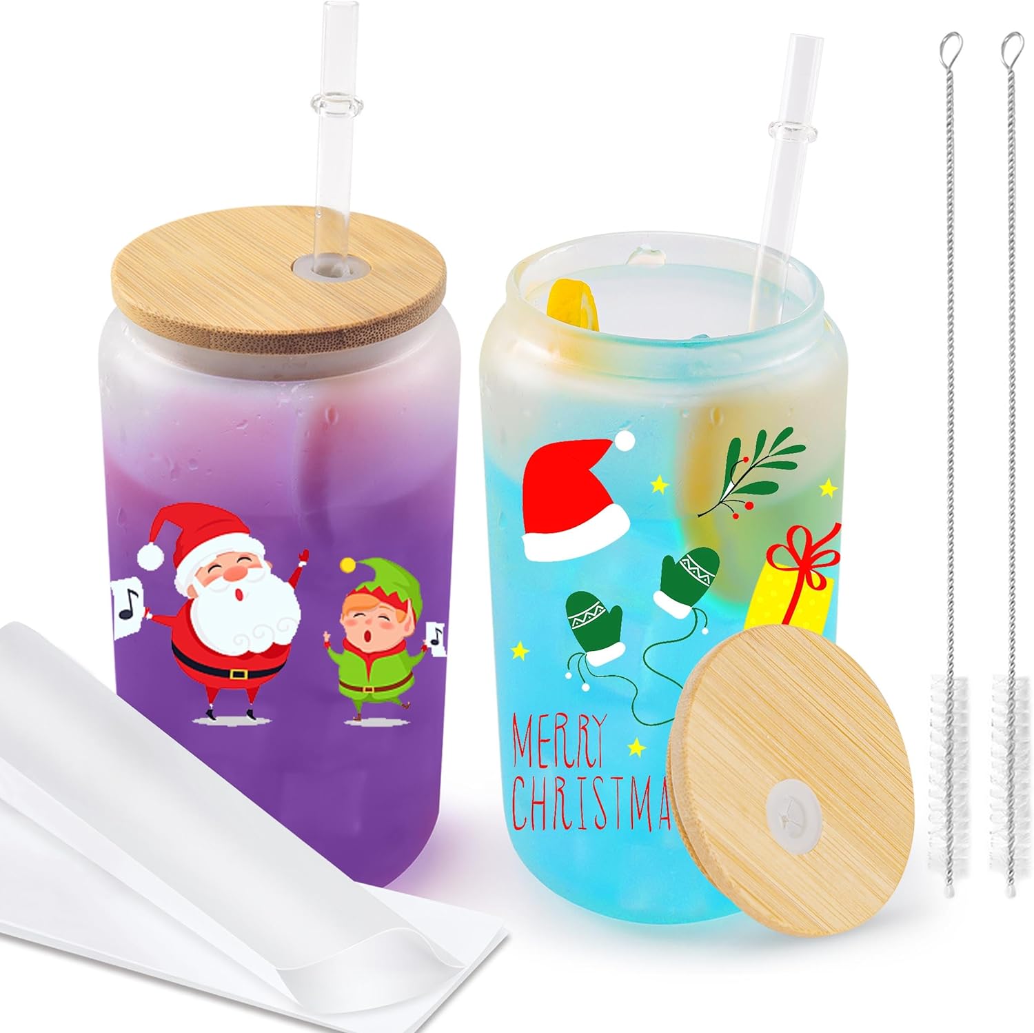 Glass cups with bamboo lids and straws 16 oz Sublimation Frosted glass cups - 8 pack