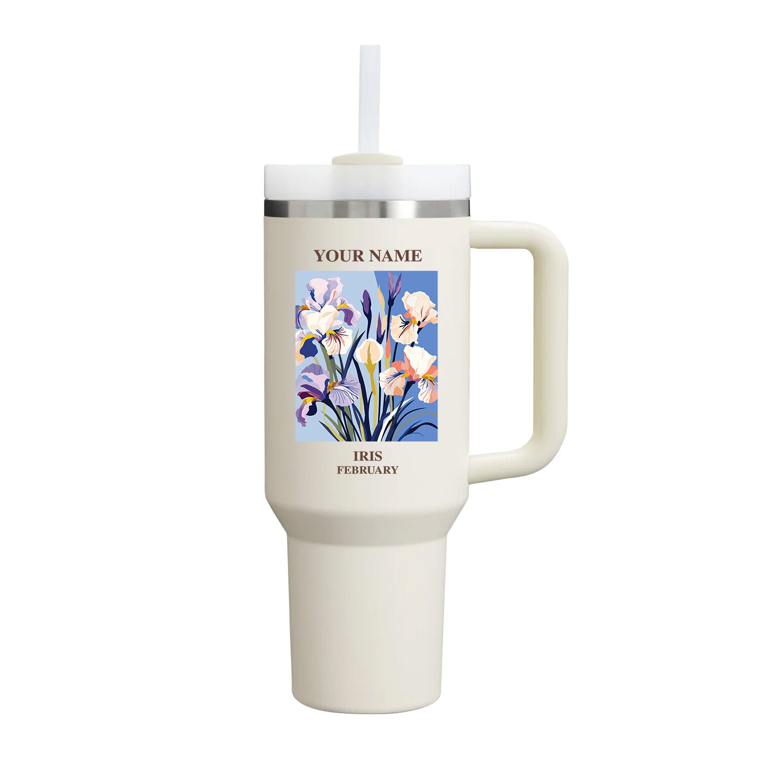 40oz Tumbler with Birth Flower and Custom Name(Cream)