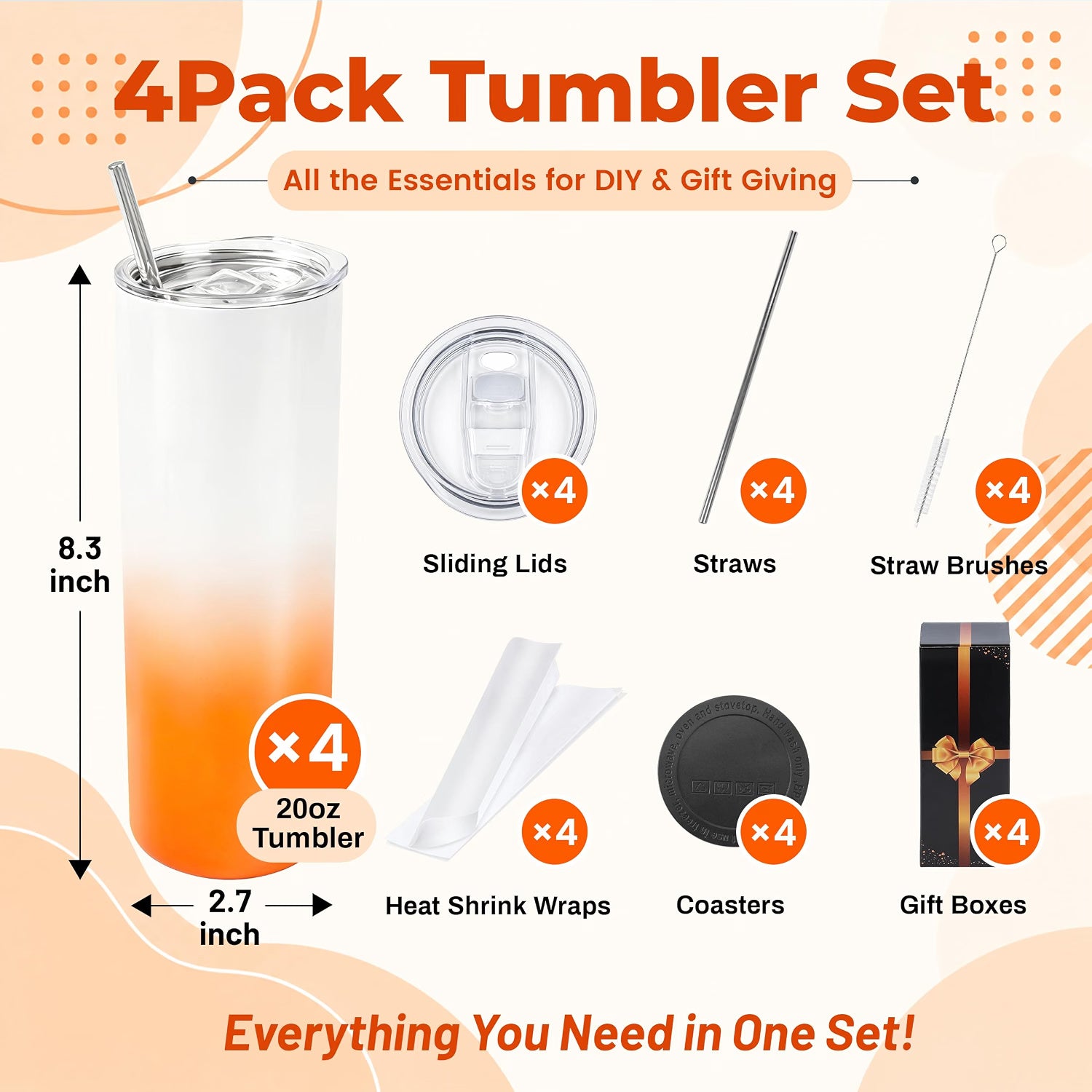 20 oz Sublimation Tumblers, 4 Pack Gradient Orange Straight Cups