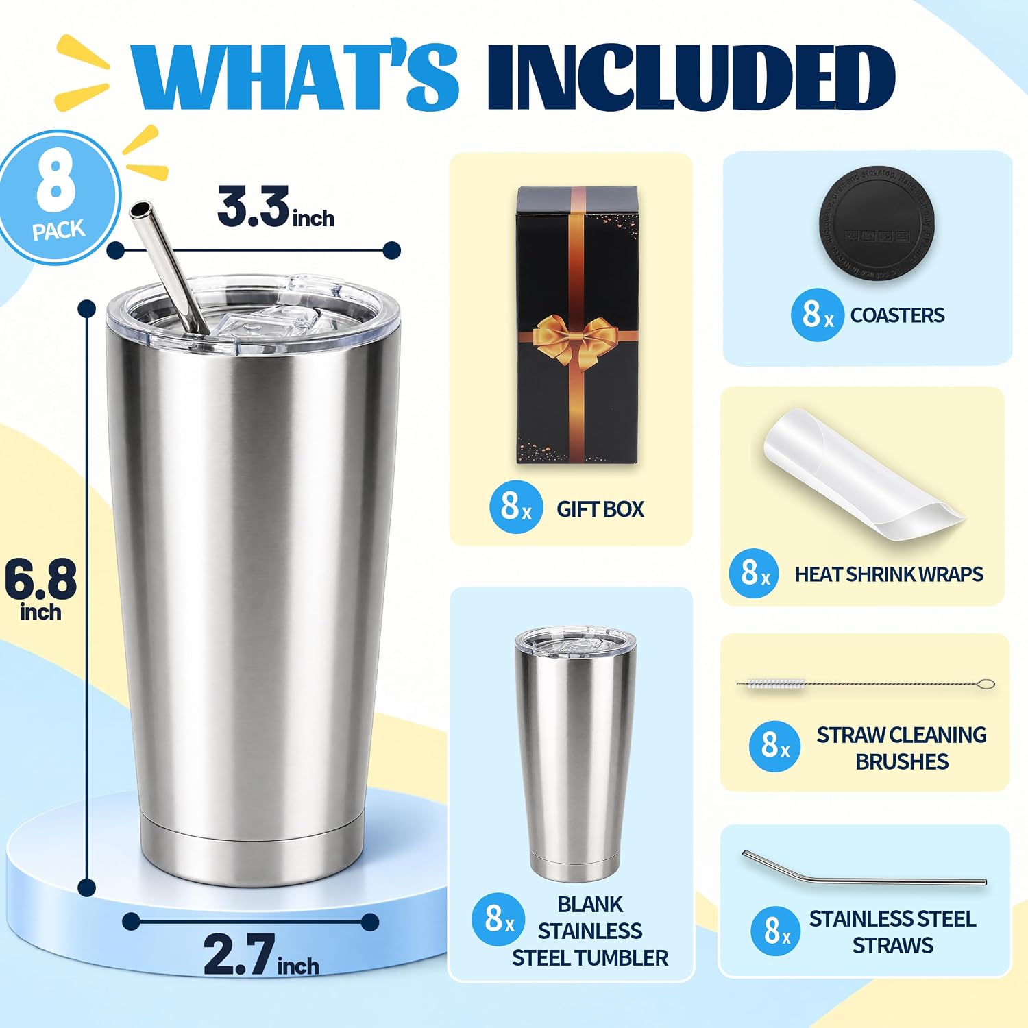 20 oz Sublimation Tumblers, 8 Pack Stainless Steel Tumbler Blanks
