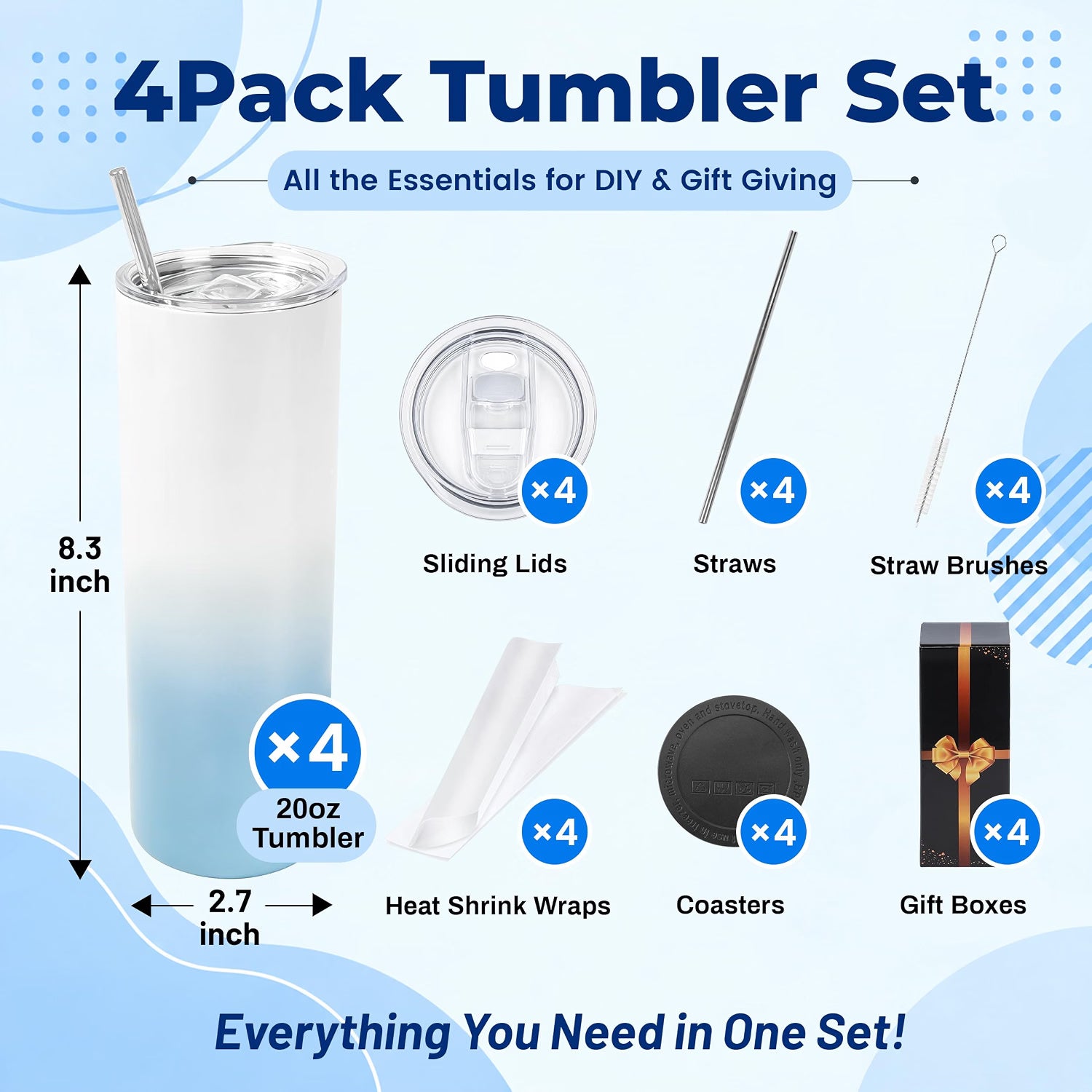 20 oz Sublimation Tumblers, 4 Pack Gradient Blue Straight Cups
