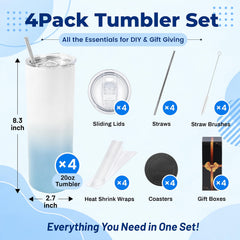 20 oz Sublimation Tumblers, 4 Pack Gradient Blue Straight Cups