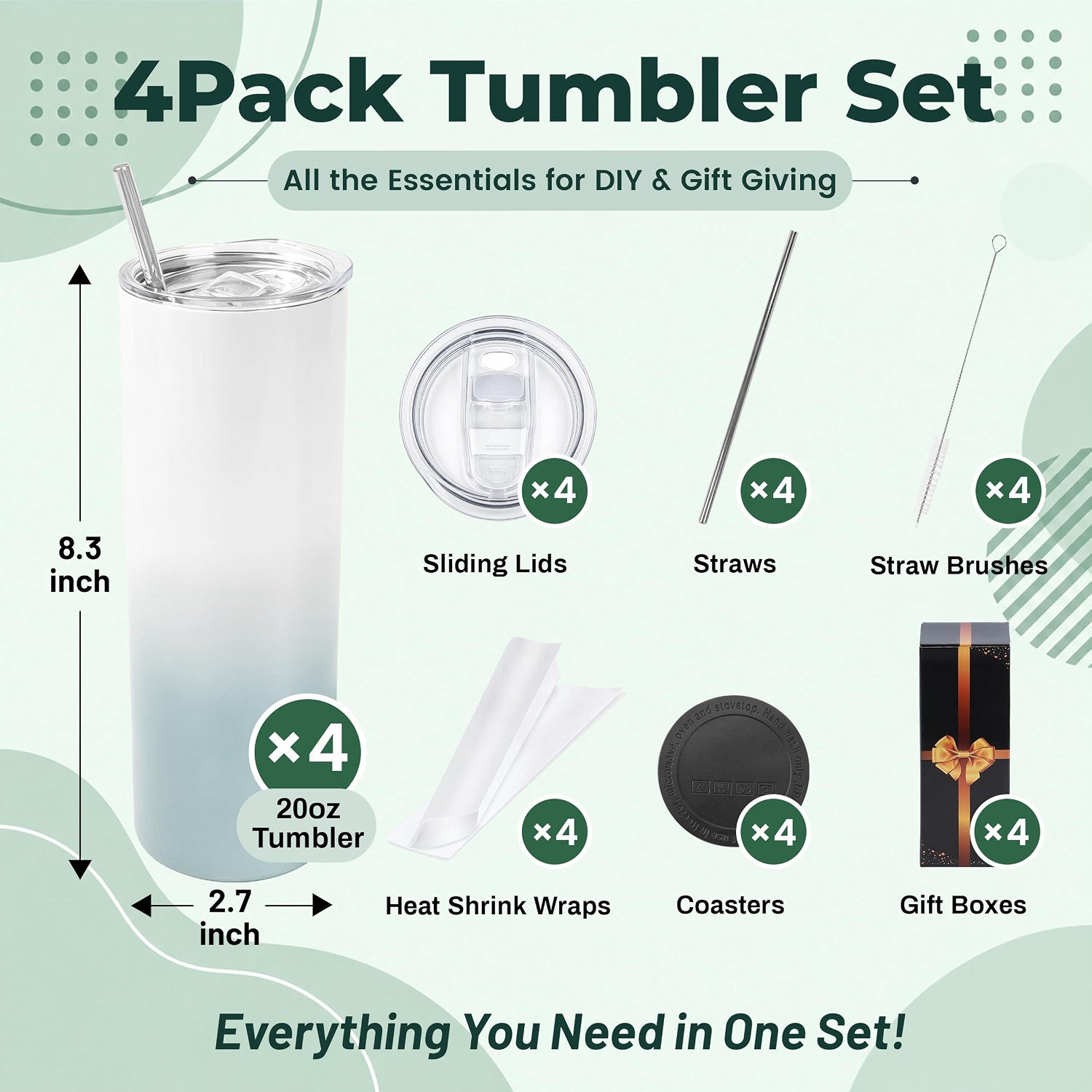 20 oz Sublimation Tumblers,4 Pack Gradient Gray Green Straight Cups