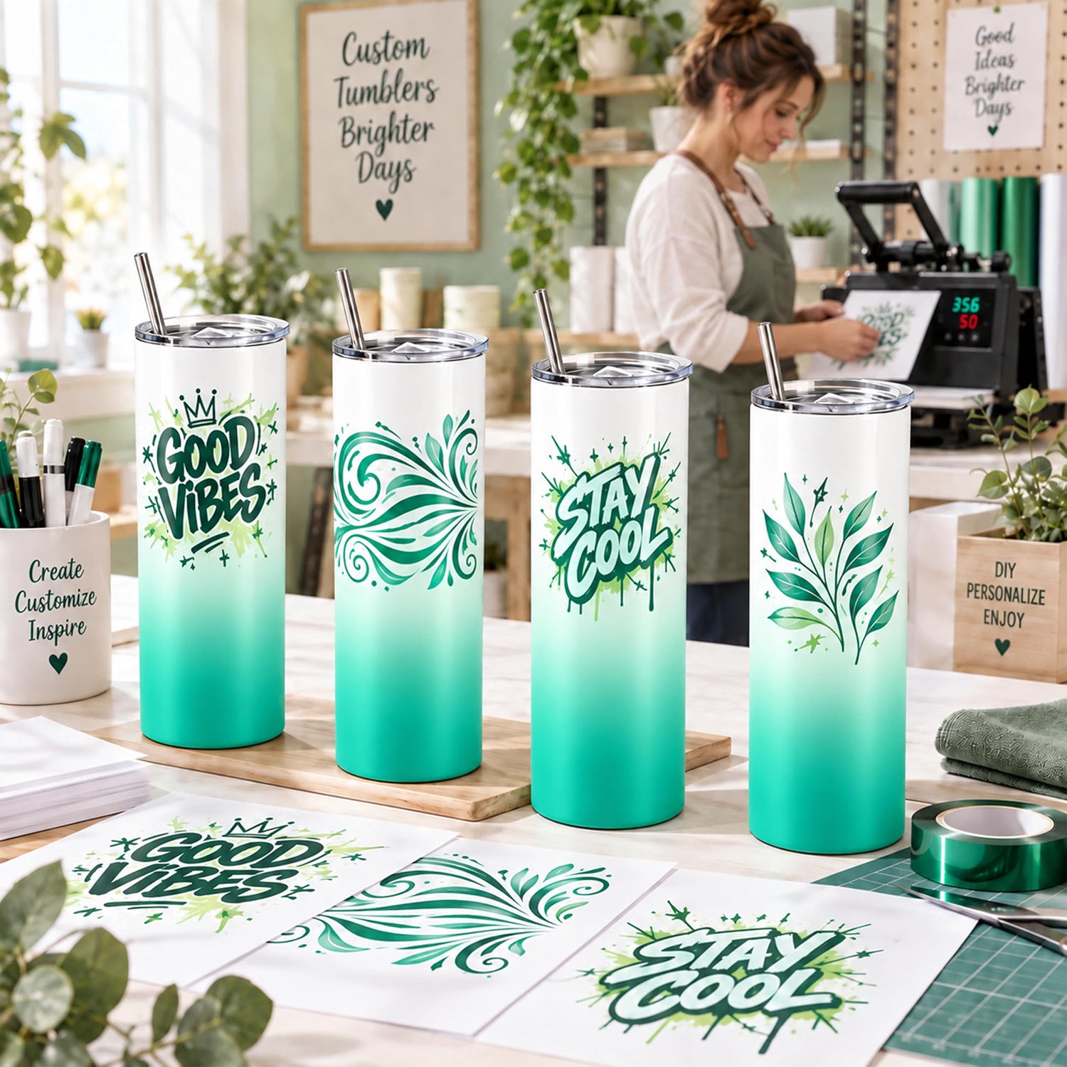 20 oz Sublimation Tumblers, 4 Pack Gradient Green Straight Cups