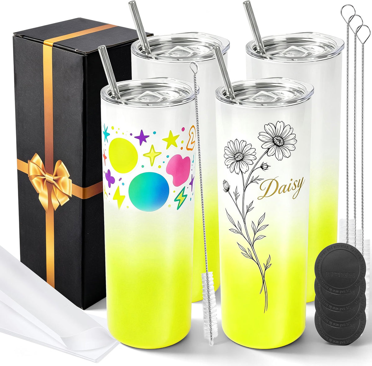 20oz Sublimation Tumblers,4Pack Gradient Lemon Yellow Straight Cups