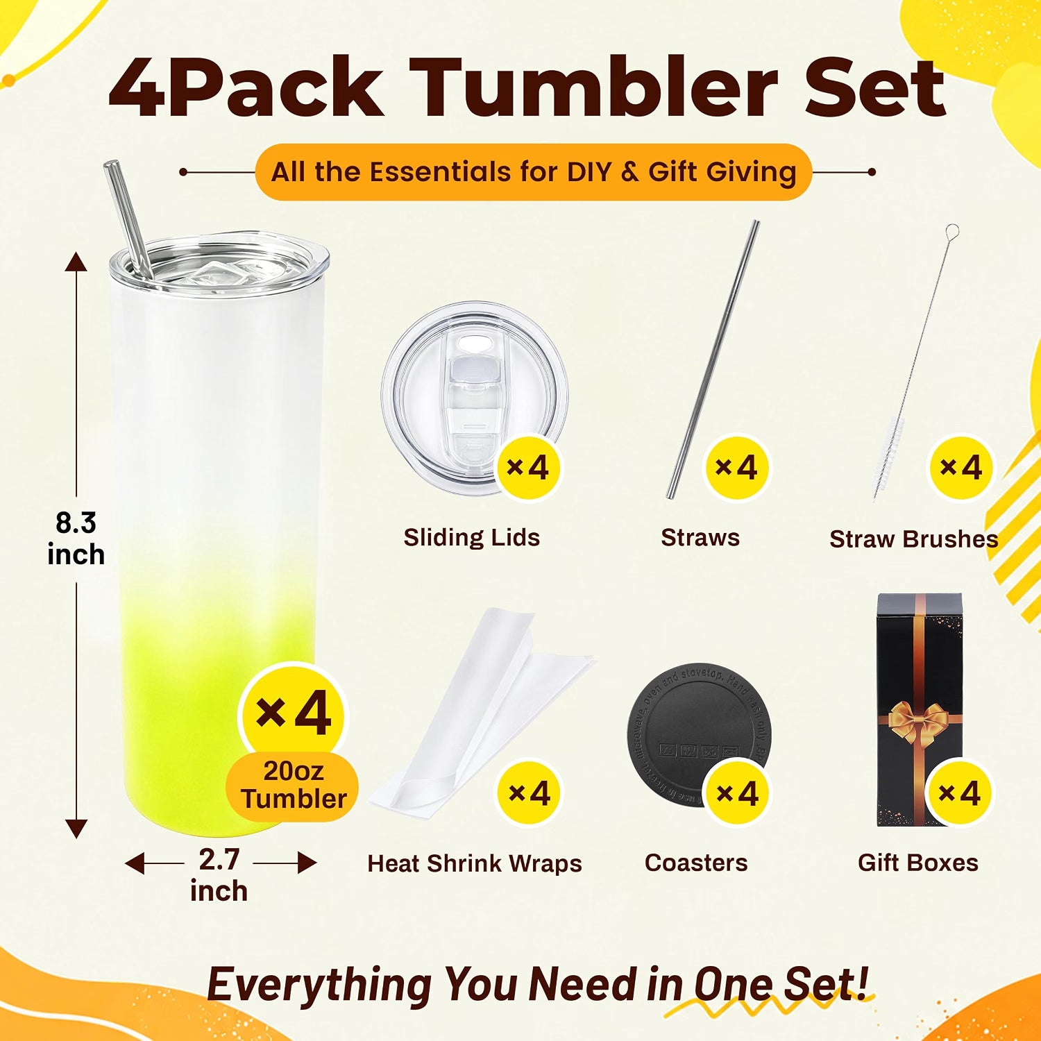20oz Sublimation Tumblers,4Pack Gradient Lemon Yellow Straight Cups