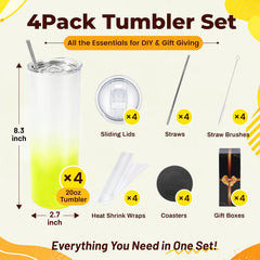 20oz Sublimation Tumblers,4Pack Gradient Lemon Yellow Straight Cups