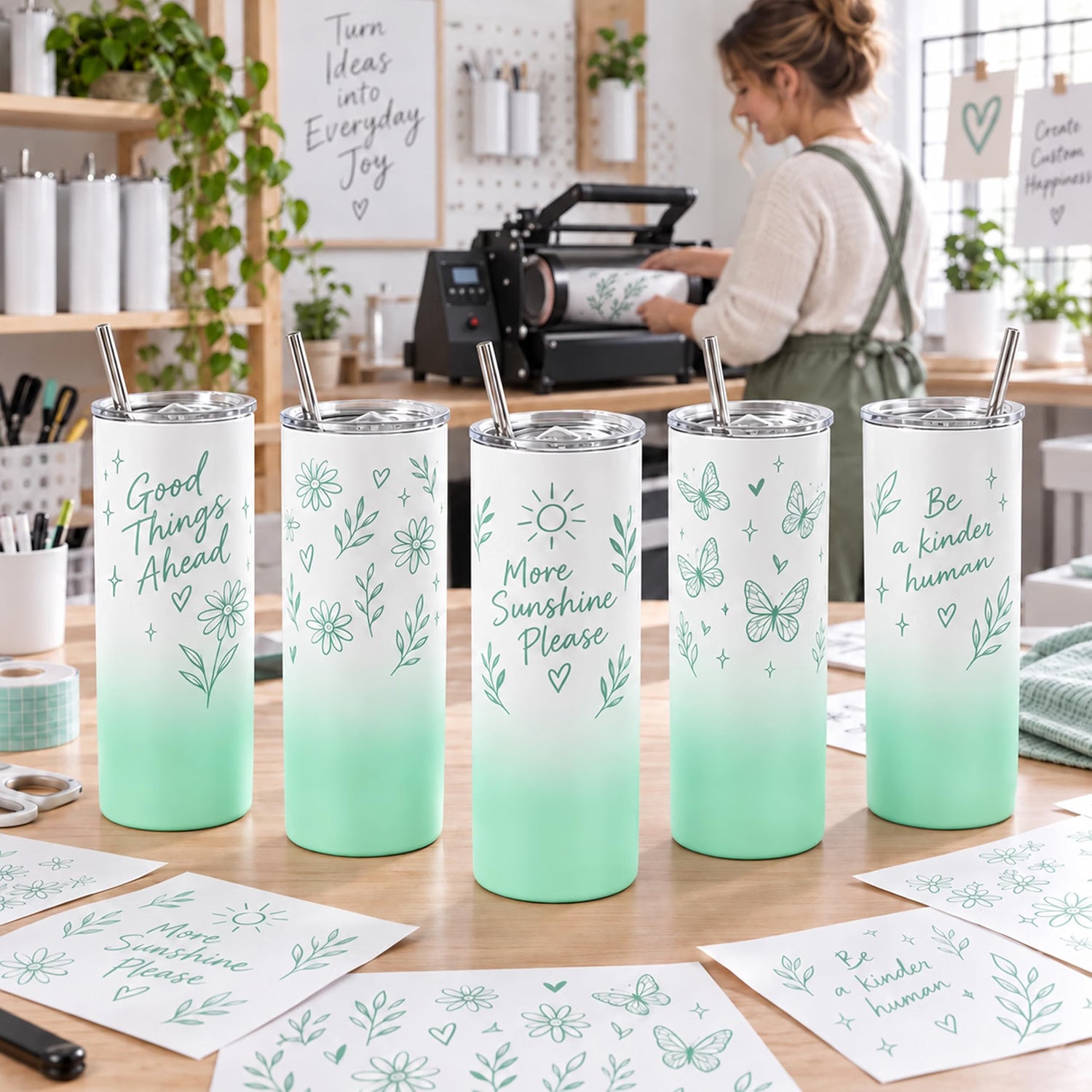 20 oz Sublimation Tumblers,4 Pack Gradient Mint Green Straight Cups